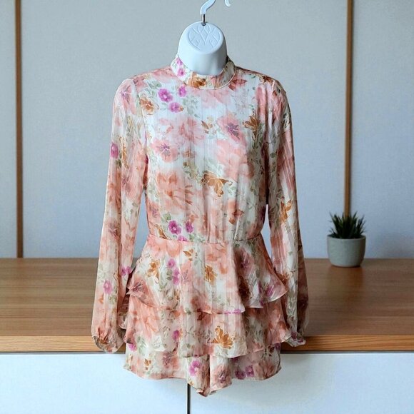 Endless Rose Watercolor Floral Long-Sleeve Chiffon Open Back Romper -XS - Picture 3 of 11